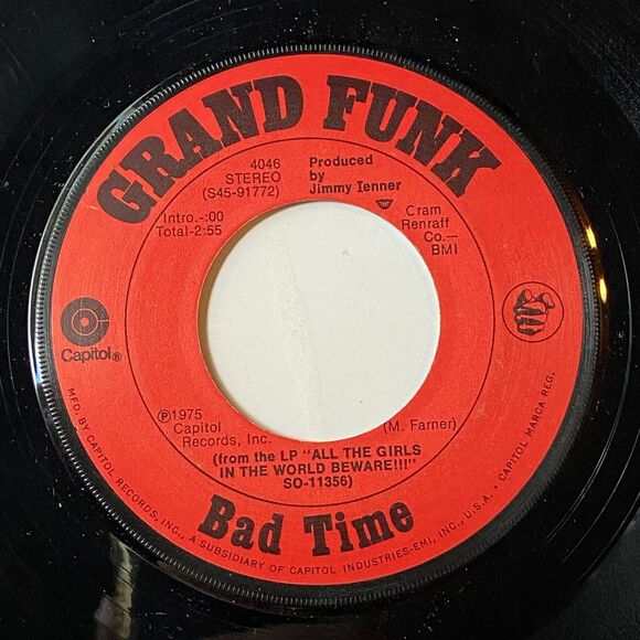 Grand Funk Bad Time/Good & Evil 7" Vinyl 1975 Classic Rock Capital Stereo - Picture 3 of 7